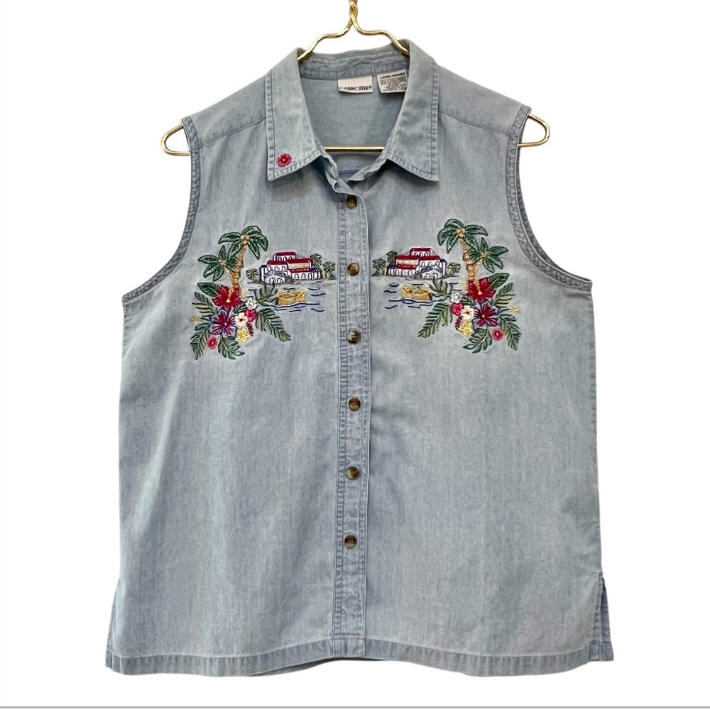 Cabin Creek Vintage Tropical Embroidered Denim Sleeveless Button Down L